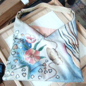 Biacci Hand-Painted Genuine Leather Hobo Bag with Floral Motifs
